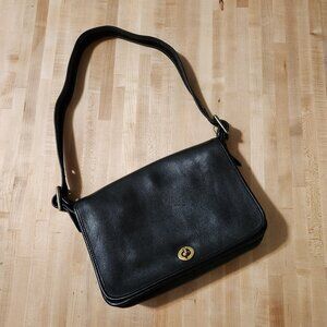 Vintage Black Full-Grain Leather Shoulder Bag w/ Gold Hardware
